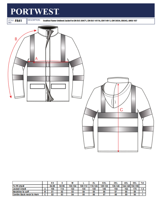 FR41 Portwest® Sealtex® Flame-Resistant Hi-Vis Jackets - Size chart